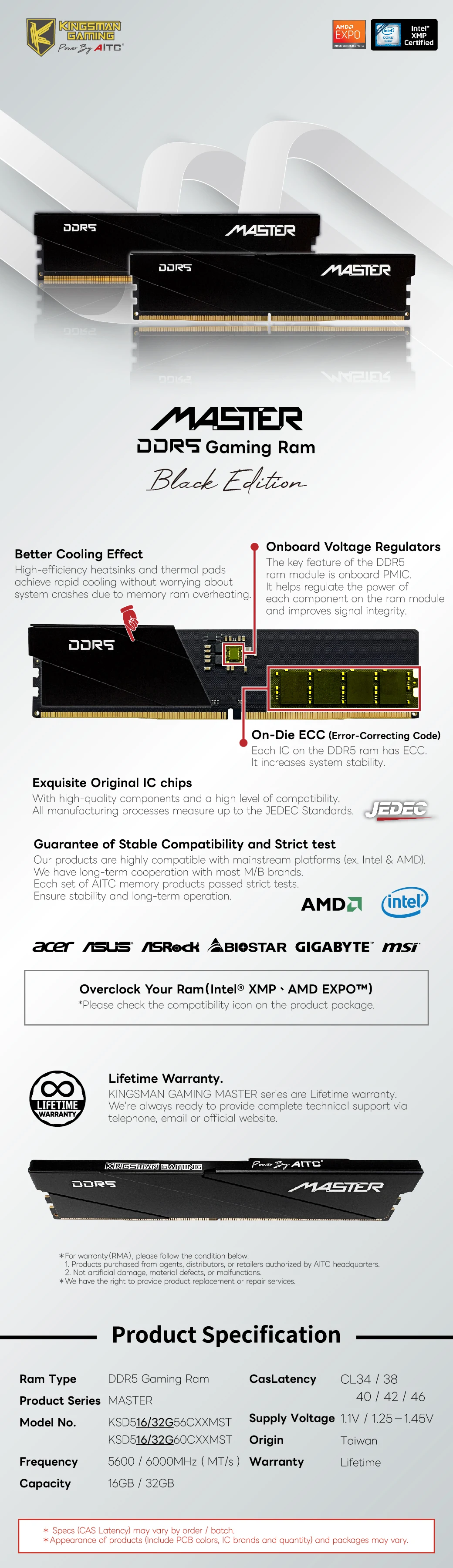 [KINGSMAN AITC] Black Ram Desktop DDR5 6000MHz 32GB (2x16GB) Dual Kit ...
