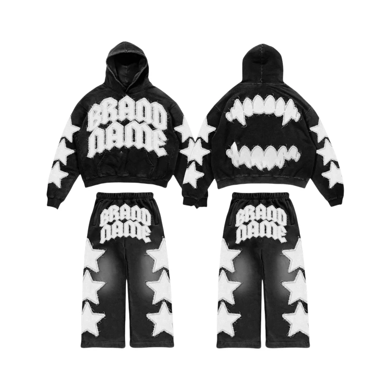 Premium Glory Fully Customized 2-Piece Cotton Streetwear Tracksuit Custom 3D Embroidery Logo Breathable Eco-Friendly Oversized