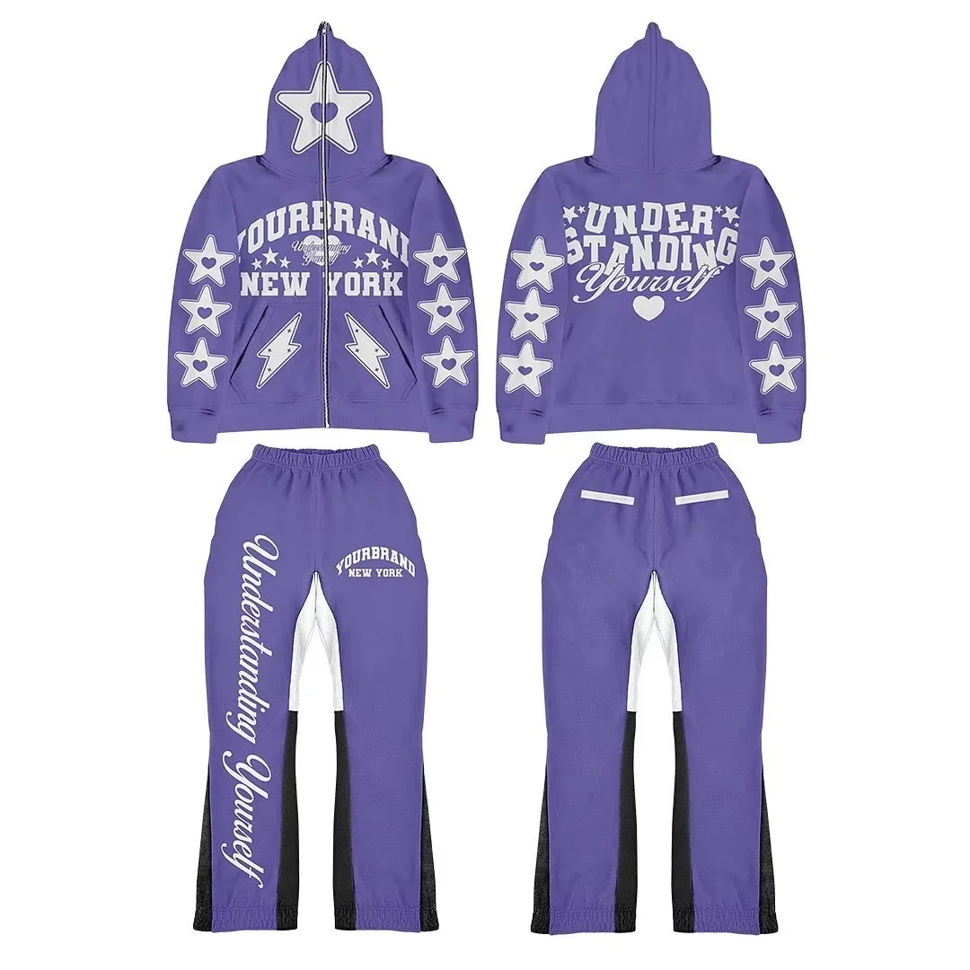 Custom Purple White Star Print Men's Hoodie Jogger Set Zip Up Sweatshirt Tracksuit Custom Brand wear Winter Custom Your Brand