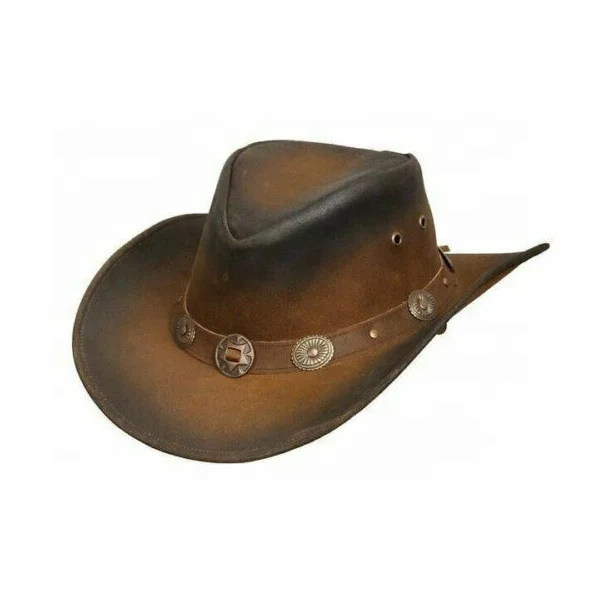 Australian Style Leather Cowboy Hat Western Black Buffalo Coin Bush Hat 