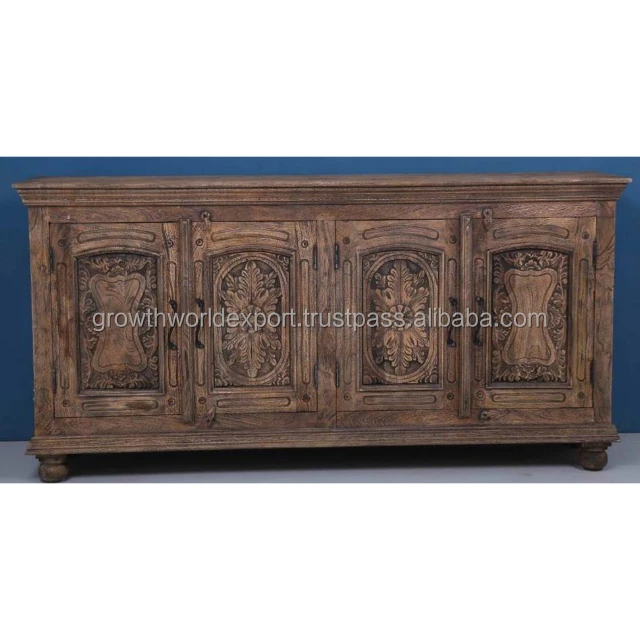 Antique Handmade Wooden Carving Sideboard with 4 Door Vintage Design Brown Finish Furniture Storage Living Room Home Furniture