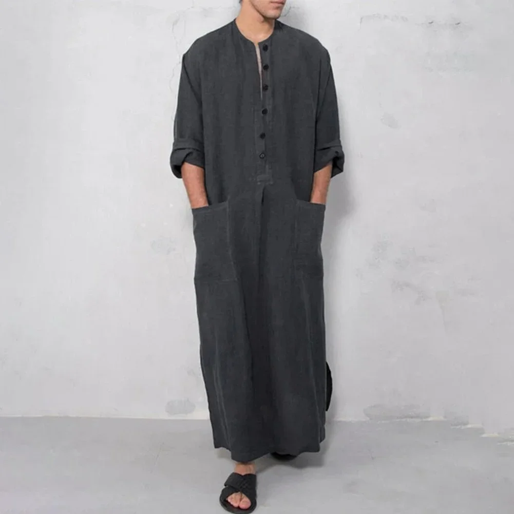 arab long dress male JXMVOJ Men's Muslim Clothes Durable Kaftan Robe Dubai Long Gown Ethnic Clothes Soft Robe Coat Arab Middle Robe Long Style Long Sleeve Embroidered Standing Neck Long Shirt Fashion Casual Robe