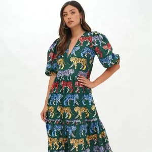 Indian Handmade Animal Print Cotton Long Maxi Dress for Women Puff Sleeve Casual Wear Dress