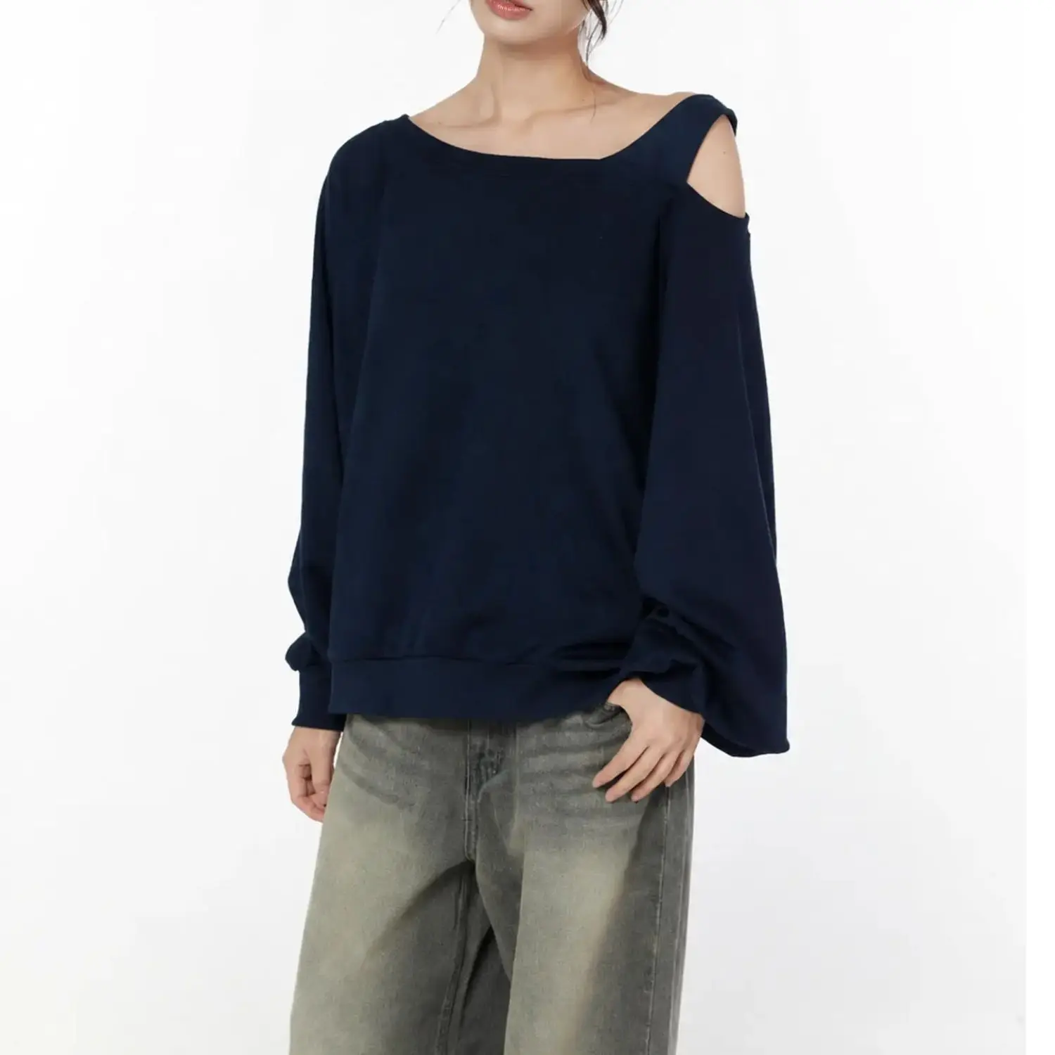Womens Navy Blue Cold Shoulder Sweatshirt One Shoulder Cut Out Long Sleeve Fleece Pullover Oversized Y2K Streetwear Thermal Tops