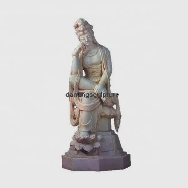 Vietnam Natural Marble Kuan Yin Buddha Sitting on lion Statue Stone Garden Decoration