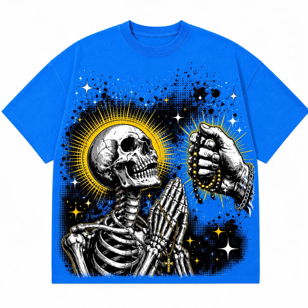 Custom Oversized Blue Graphic T Shirt With Prayer Design Digital Print Short Sleeve O Neck Street Style Regular Fit T Shirt