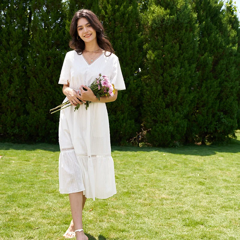 2026 Summer V Neck Puff Sleeve Flowy a Line Wedding Guest Dress Long Boho  White Midi Dress With Pockets