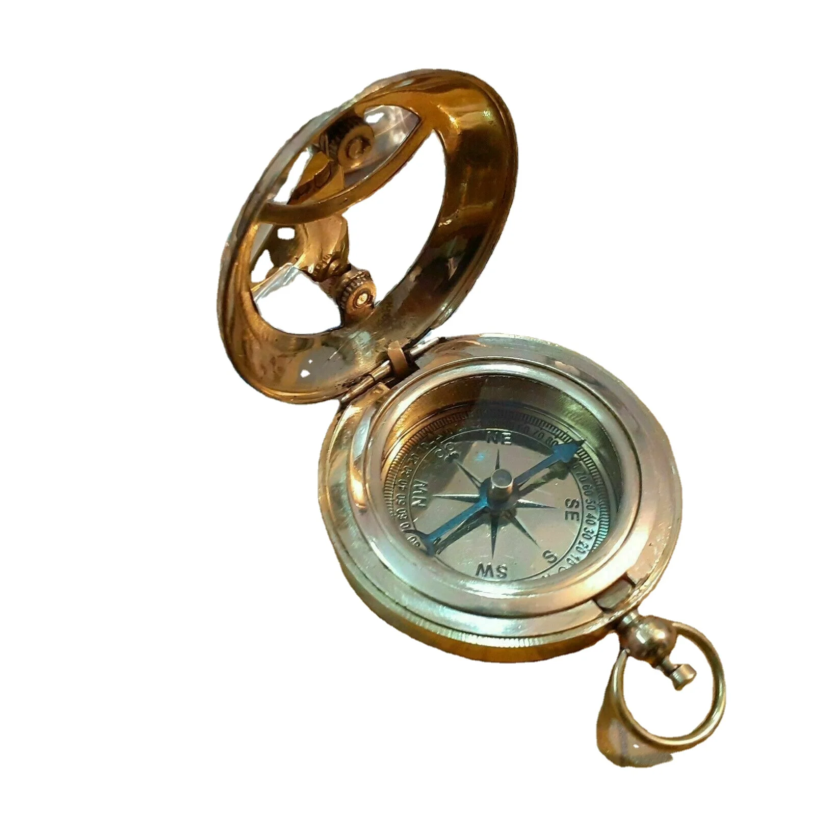 Nautical Brass Pocket Push Button Sundial Compass W Mini An Hour Glass & Case 