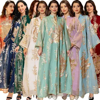 Satin Elegant Muslim Long Sleeve Long Dresses Women Lady Elegant Dubai Turkey Arab Oman Elegant Satin Dress for Women