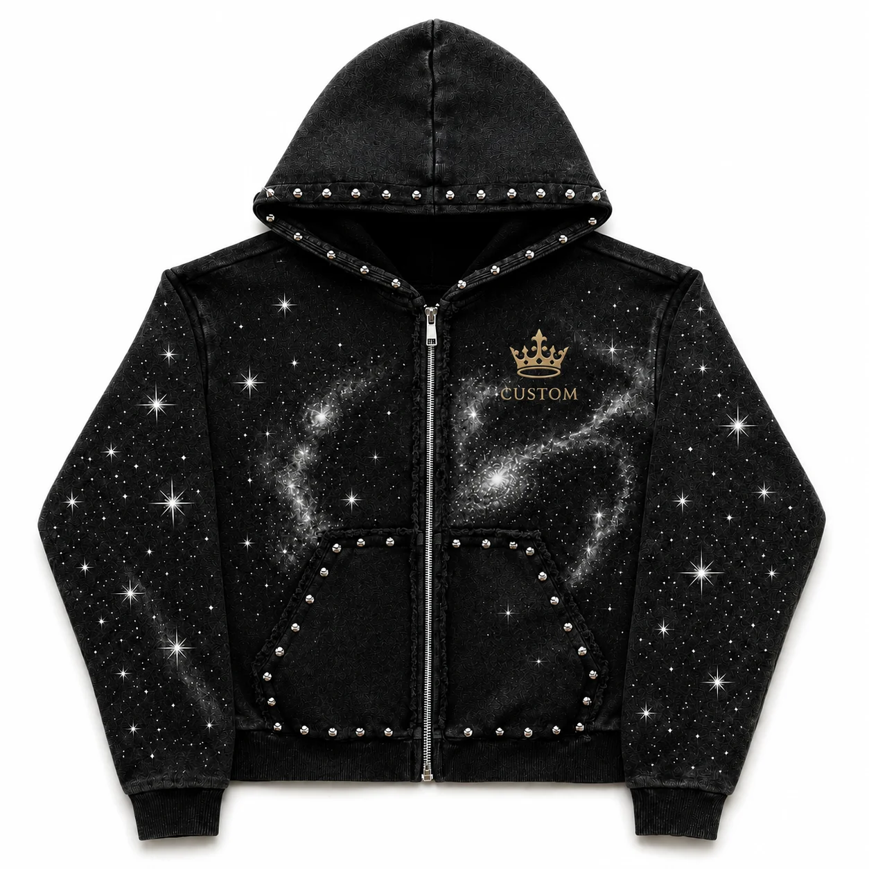 Custom Black Studded Hoodie Rhinestone Pullover Fleece 100% Cotton Crown Logo Embroidery Boxy Fit Winter Street Wear Unisex