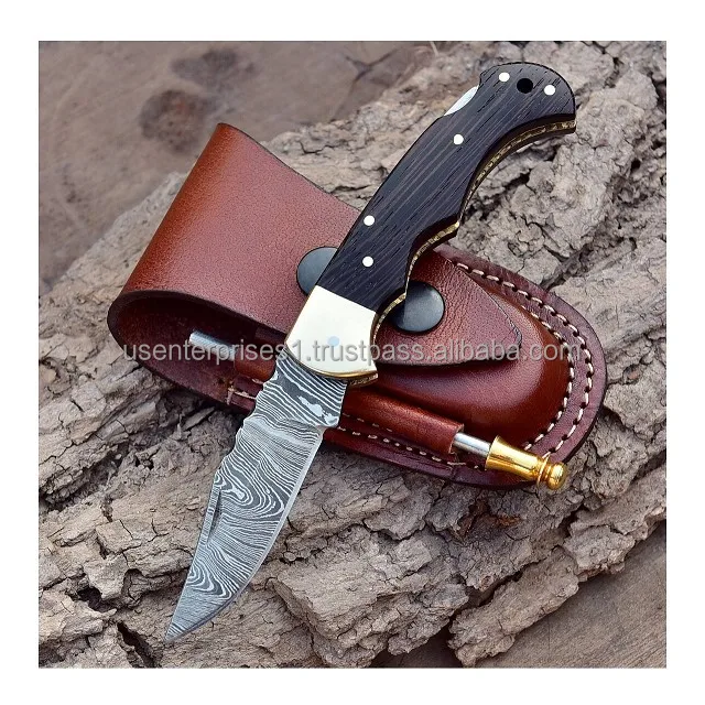 Custom Handmade Damascus Steel Pocket Knife With Wangi Wood Handle And Fine Leather Sheath,Gift