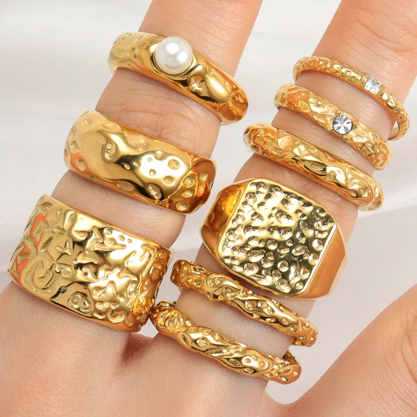 Modeschmuck Gehammerte Ringe Chic Chunky Texture Band Ring Set 18 Karat Gold Dick UnregelmaBige Frauen Manner Ringe Wasserdichter Schmuck