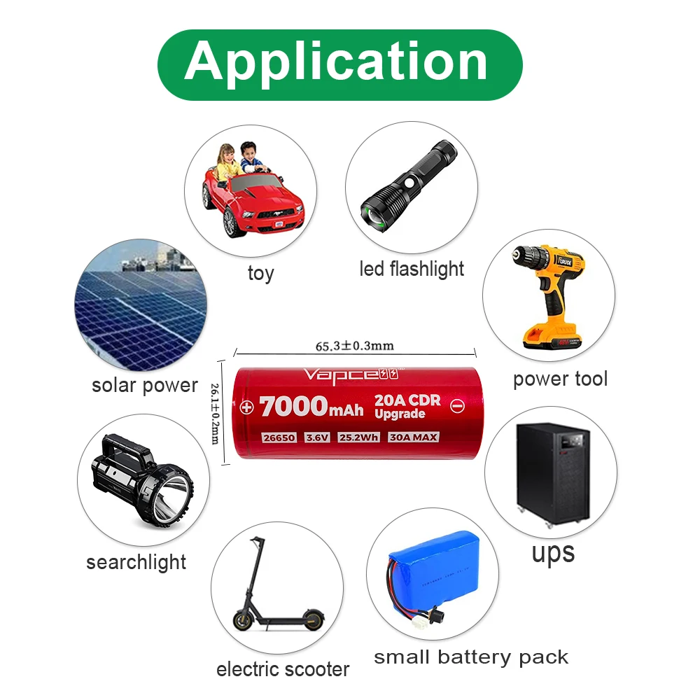 26650 20A 3.7v 7000mAh Lithium Ion Battery High Capacity Battery