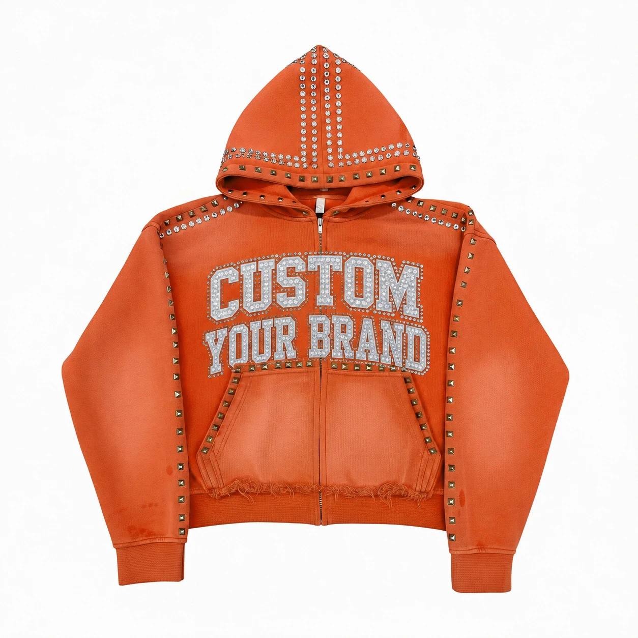Custom Orange Studded Zip Up Hoodie Drop Shoulder Streetwear Fashion Sweatshirt With Rhinestone For Unisex Comfort Wear