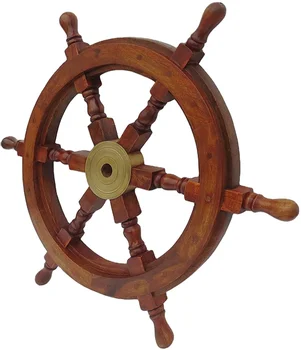 Wooden Ship Wheel Wall Decoration with Brass Center Hub, Turned Spokes and Handles, Maritime Nautical Boat Helm Decorative