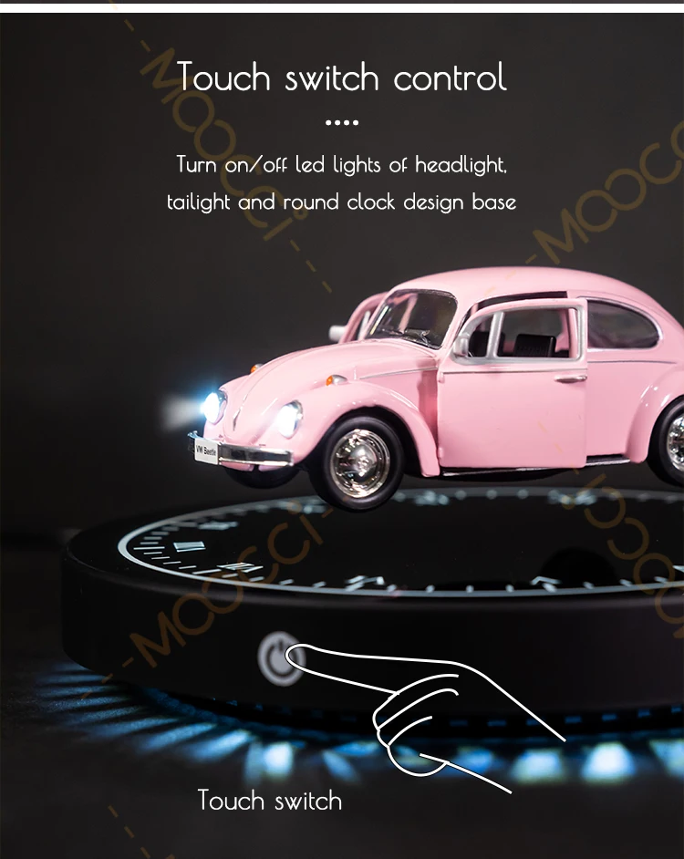 1:36 Romantic LED Lights VW Beetle 1967 Pink Metal Car Model Magnetic Levitating Floating Diecast Car for Tech Gift & Room Decor