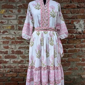Block Print Dress Floral Dress With Pocket And Belt V-neck Long Sleeve Floral Print Cotton Maxi Dress For Women Gift For Her