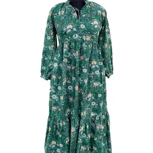 Women Cotton Summer Dress Hand Block Print Cotton Tier Dress Mandarin Collar Long Sleeve Floral print Long Maxi Gown