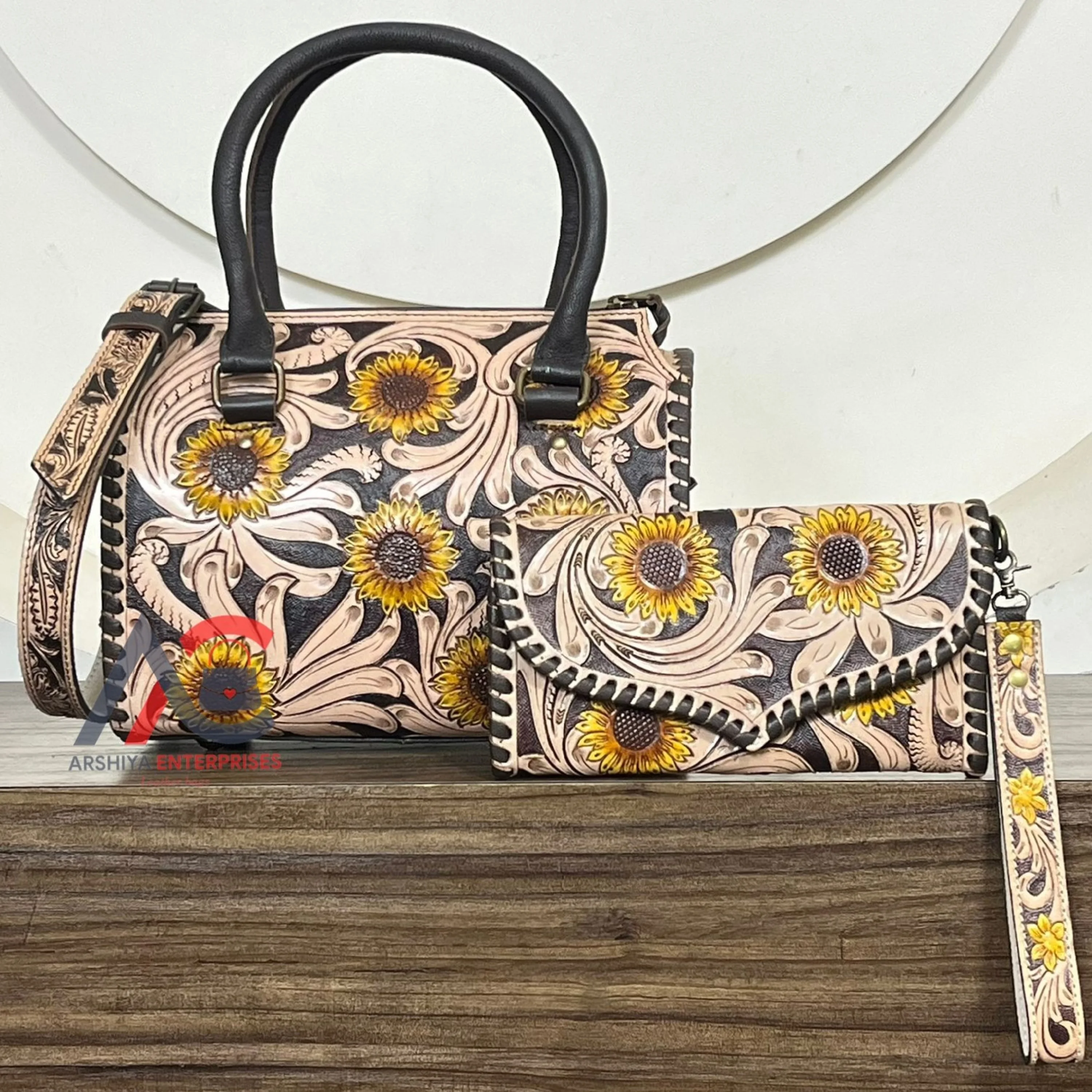 Best Sale Sunflower Hand Tooled Leather Speedy Bag & Wallet Two