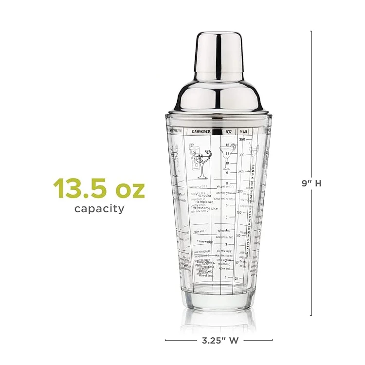 400ml Stainless Steel Glass Cocktail Shaker with Scale Silicone Seal Built-in Strainer & 6 Recipes with Custom Logo
