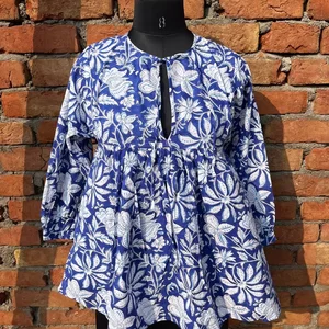 Hand Block Printed Cotton Floral Printed Top Tunic Bohemian Hippie Sexy Mandarin Collar Long Sleeve Floral Print Top For Women