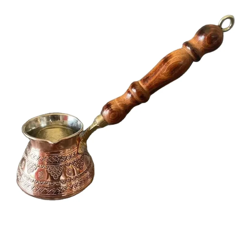 Stylish Copper Turkish Coffee Pot Set with Wooden Handle for Tea in Home Kitchen Restaurant Hotel or Party Table Decor