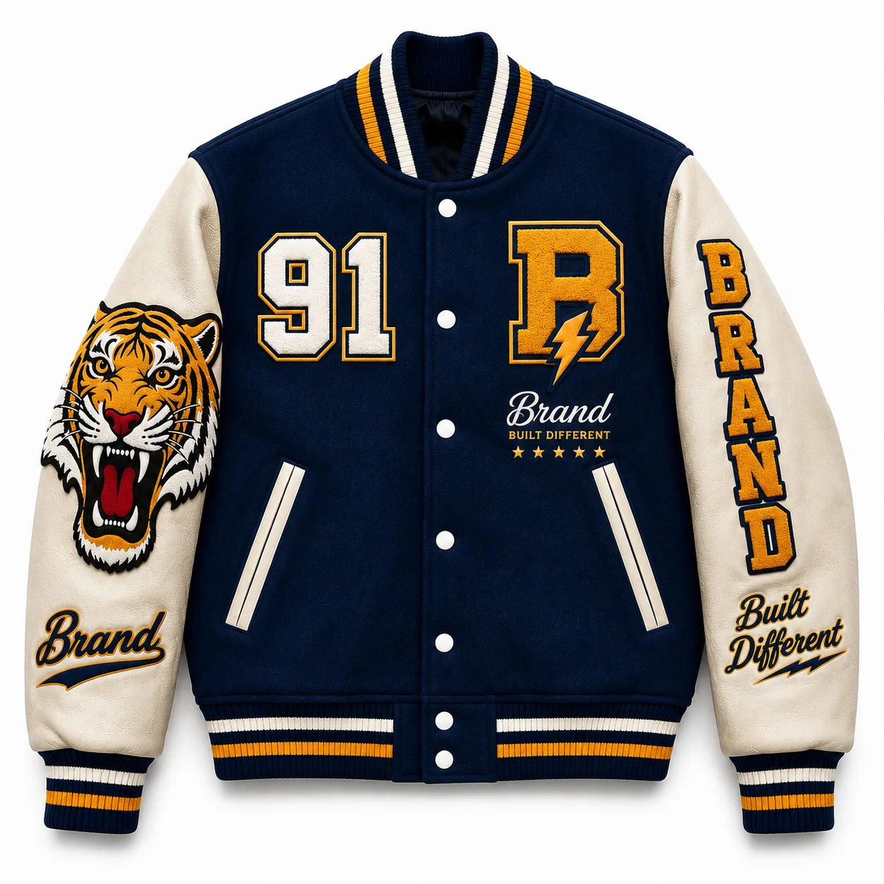 Custom Men’s Varsity Letterman Jacket Tiger Embroidered Baseball Bomber Coat Vintage College Streetwear Style