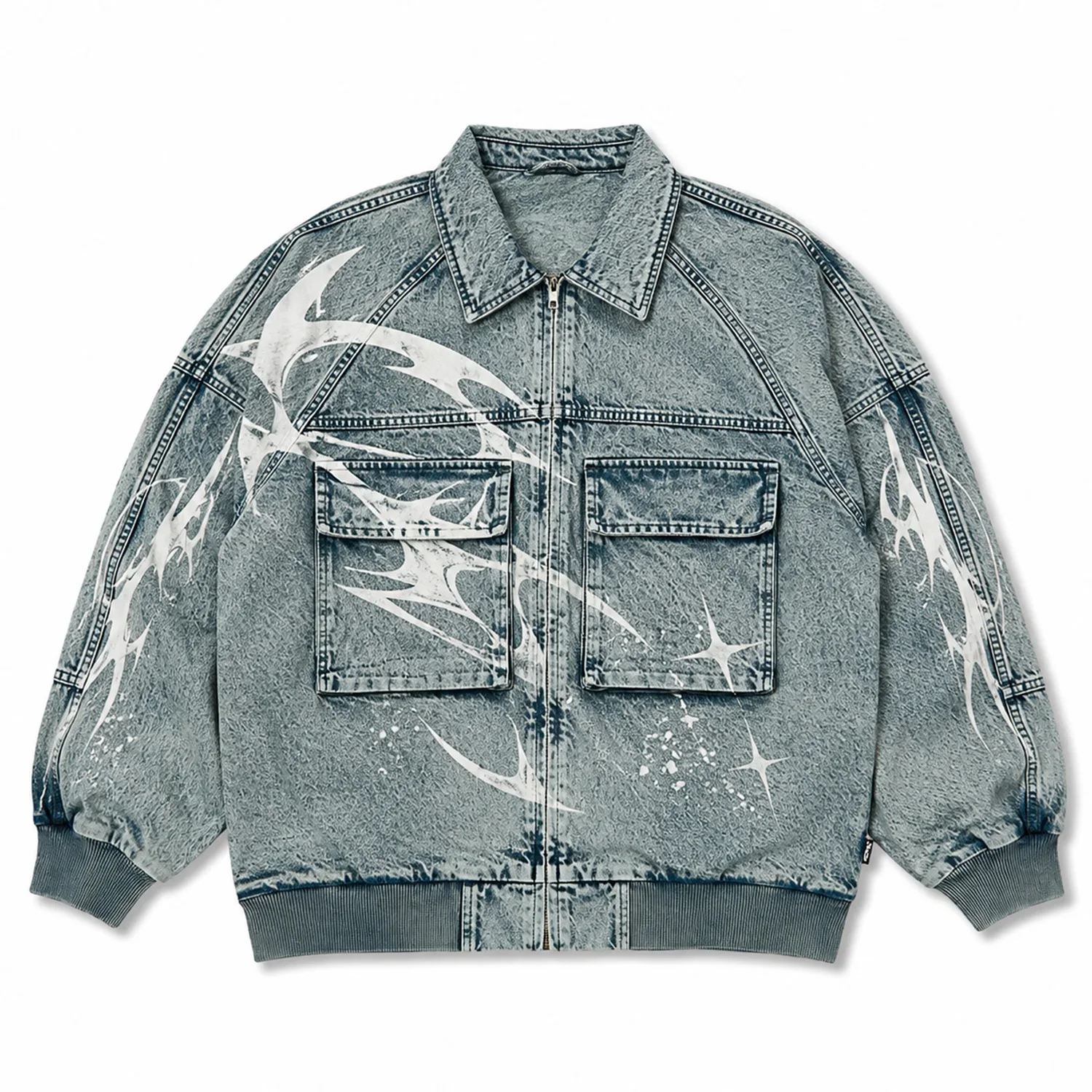 Custom Blue Denim Acid Wash Jacket With Abstract White Print And Chest Flap Pockets Ribbed Cuffs And Zip Closure For Unisex Wear