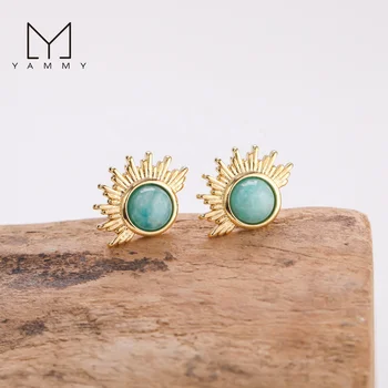 Vintage Women's Gold Sun Stud Earrings Solar Energy Trendy Amazonite Stone Earrings with Simple Premium Sense Brass Material