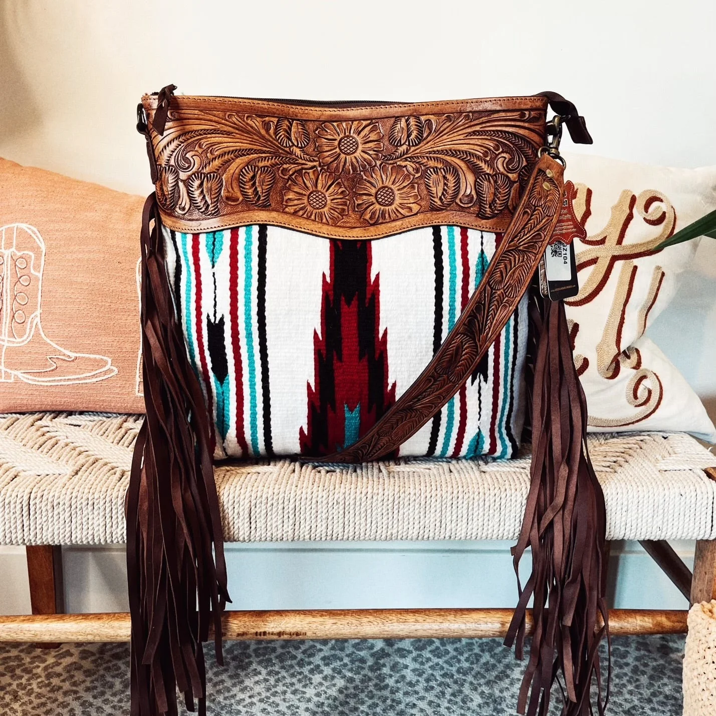 Western Saddle Blanket Navajo Style Crossbody Purse With Hand Tooling Strap Top Quality Handbag