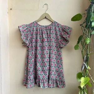 Hand Block Printed Summer Cotton Top Women Top Handmade Cotton Blouse O-neck Short Sleeve Floral Print Casual Top Gift For Her