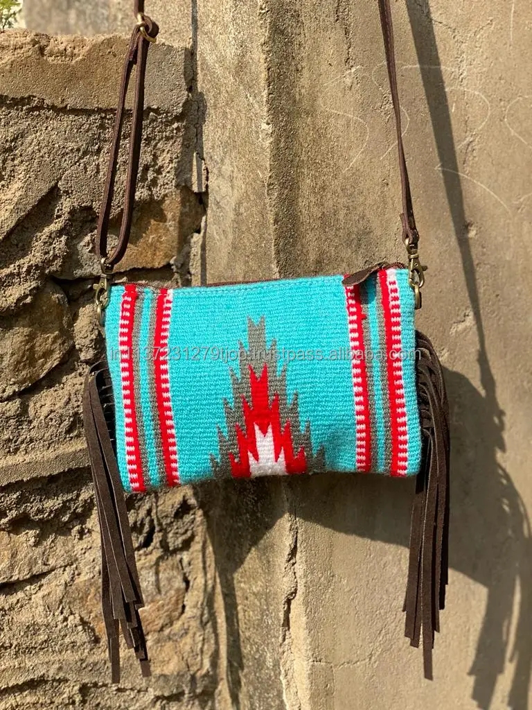 Unique Western Style Aztec Tooled Leather Sling Bag Vintage Multicolor