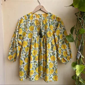 Floral Block Print Tunic Top O-Neck with String Closer Hand Block Print Long Sleeve Floral Pattern Casual Partywear Top