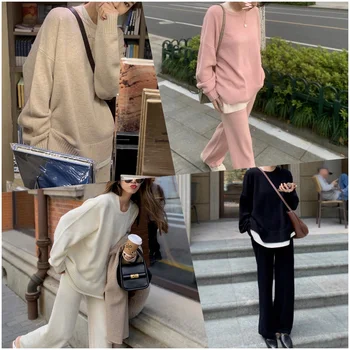 Summer new ice silk knitted suit loose knitted pullover casual wide leg pants knitted two-piece set for women