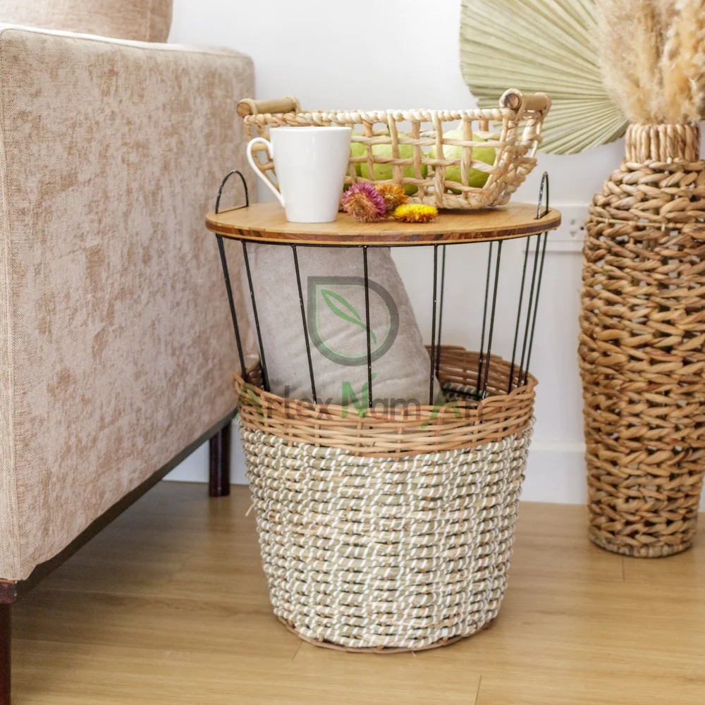 Seagrass Storage Basket Table/side Table With Removable Wooden Lid