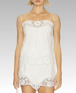 2026 Luxury Series: Women's Casual Fashion Ivory Linen Laser Embroidery Hollow Splicing Crochet Traf Blouses Shorts Set