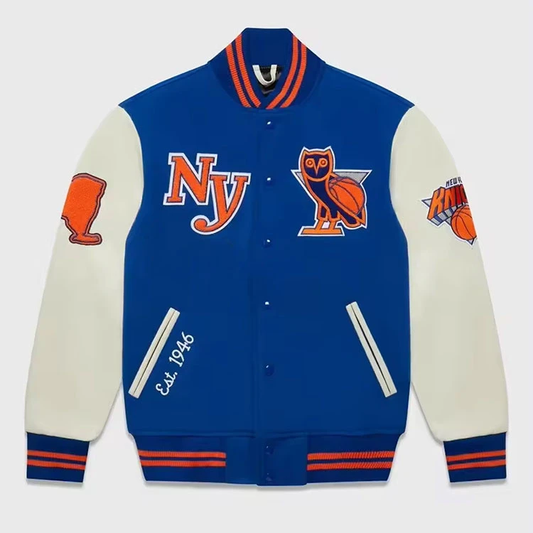Ibex High Quality Custom Logo Wool Light Varsity Jacket Men's Blue White Embroidered Patch Design Wholesaled Manufacturer