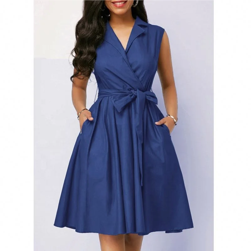 Good Quality Plus Size Women Clothing Elegant Ladies Dress Sleeveless  Belted Business Dress a Line Midi Career Office Dress