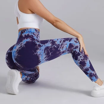 Custom Logo Tie Dye Graphic Printing Yoga Leggings Women Stretchy Compression Scrunch Butt Lift Sports Seamless Pants