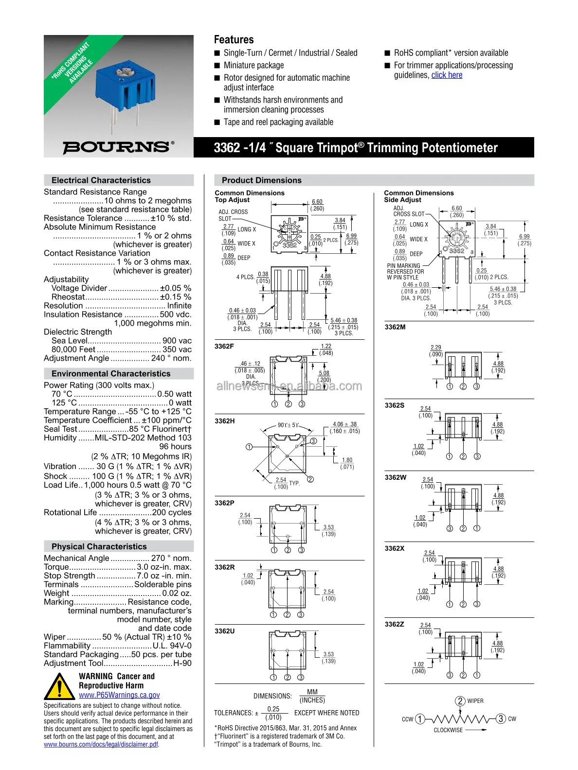 Hot sale Original 3362P-1-504LF Trimmer Potentiometer 500 kOhms 0.5W 1/2W PC Pins Through Hole Cermet 1.0 Turn Top Adjustment