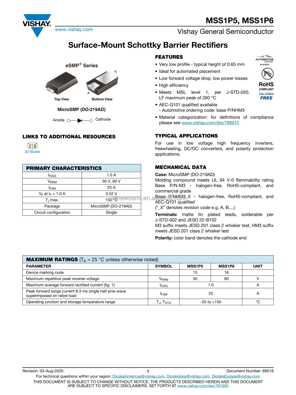 Hot sale Original MSS1P6-M3/89A Rectifiers Single DIODE SCHOTTKY 60V 1A MICROSMP Diode Surface Mount DO-219AD (MicroSMP)