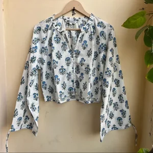 Hand Block Printed Summer Top Cotton Top Women Handmade Cotton Blouse V-neck Long Sleeve Floral Print Top Gift For Her