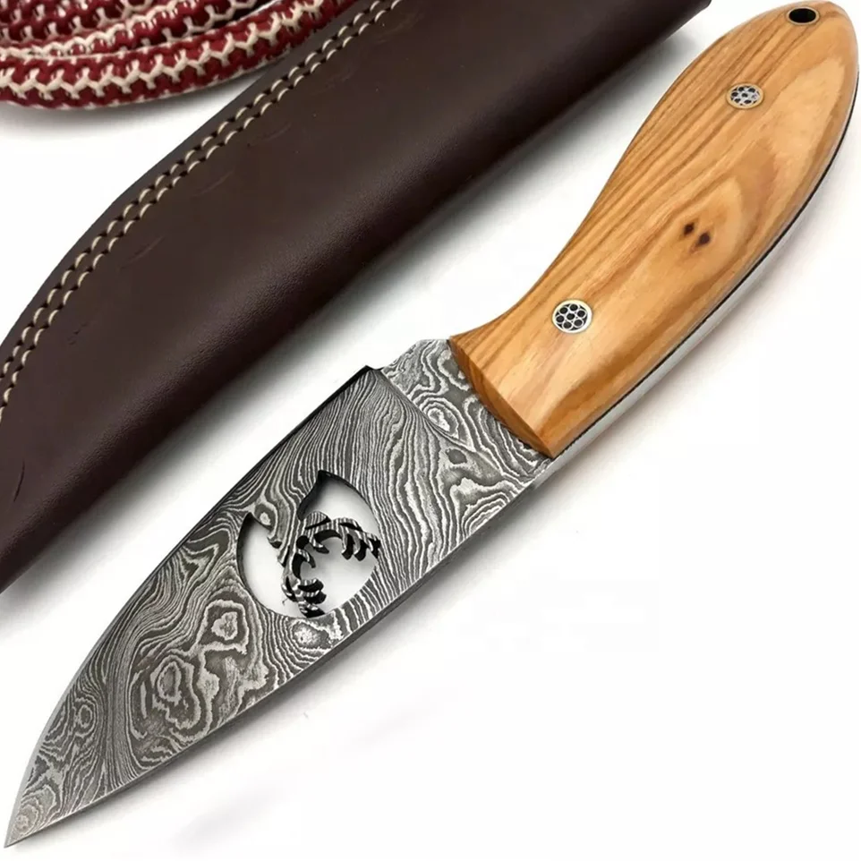 Unique Design Damascus Steel Skinner Knife Olive Wood Handle