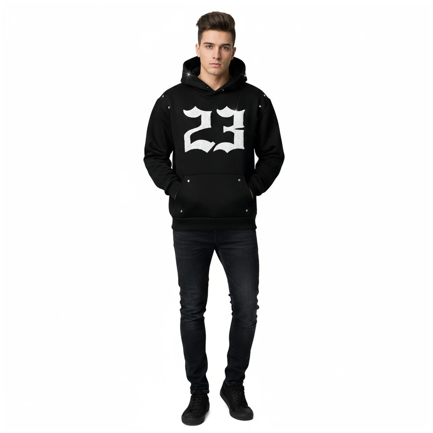 Glory Wholesale Custom Blank Black Shorts Set Men Streetwear Rhinestone Pullover Hoodie & Shorts 2pcs Set French Terry Tracksuit