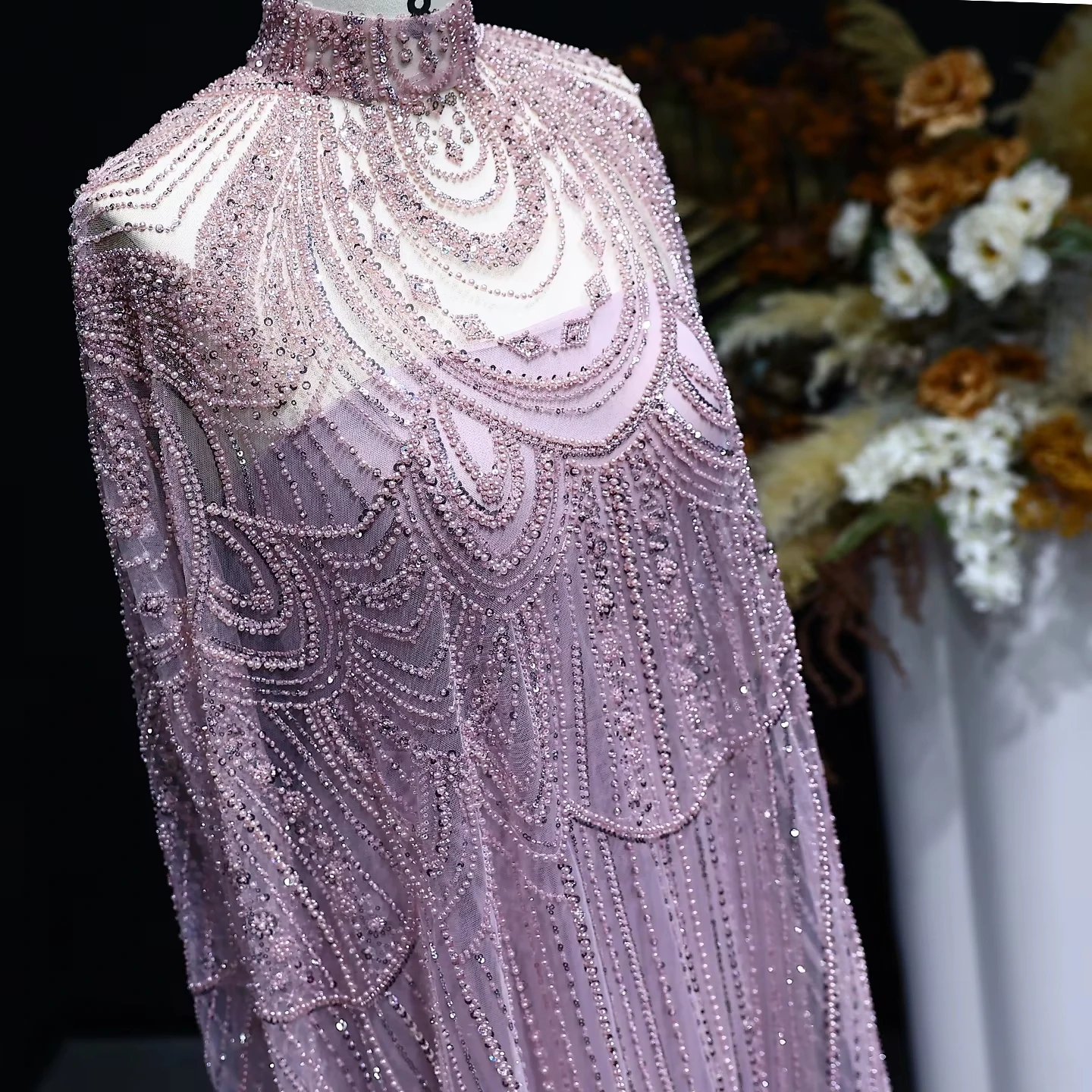 For Jancember LSZ080 Dubai Pink Evening Mermaid Dress for Women Beautiful 3D Pattern Feathers Natural Waistline Pleats for Party