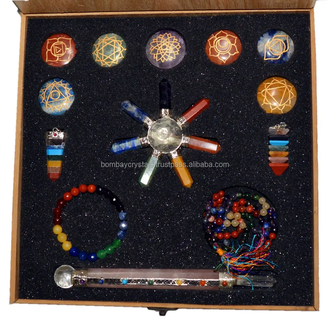 Seven Chakra Pyramid Reiki Symbol With Wooden Box Wholesale Chakra Set