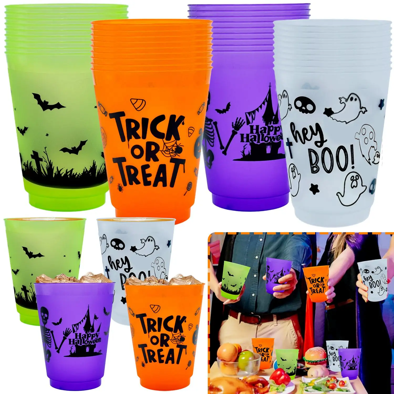 8-Packs 15 oz Halloween Disposable Plastic Cups Stackable Tumblers for Trick-or-Treat Parties Reusable Drinking Cups for Picnics