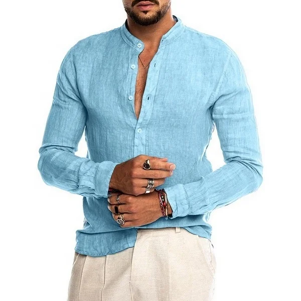 JL Newly Mens Button up Shirt Solid Color Breathable Linen Shirts Plain Sky Blue Long Sleeve Shirts for Men
