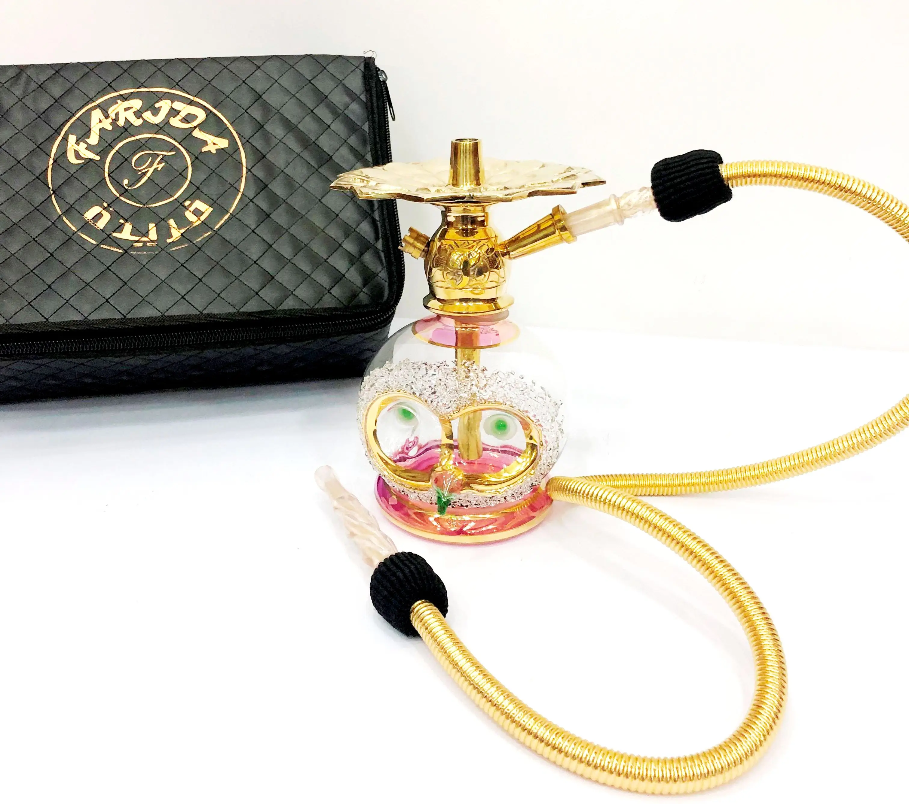 Portable Luxury 1kg Small Hookah with Funky Owl Design Hand Blown Brass Glass Leather and Lacquer Finish