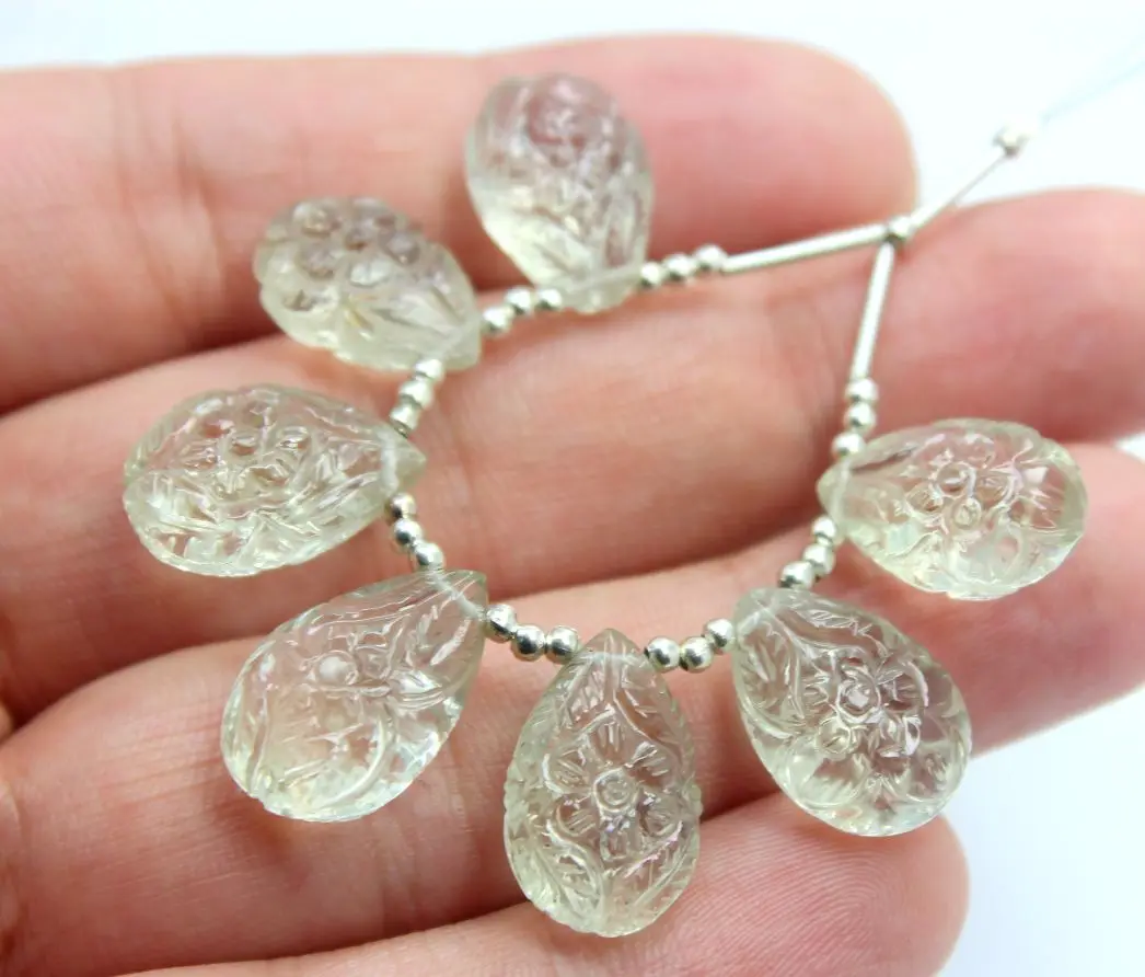 7.Pieces Superb Quality Natural Green Amethyst Smooth Flower Carving Pear Shape Beads 11X14MM To 13X20MM Approx On Wholesaler Price GC-04